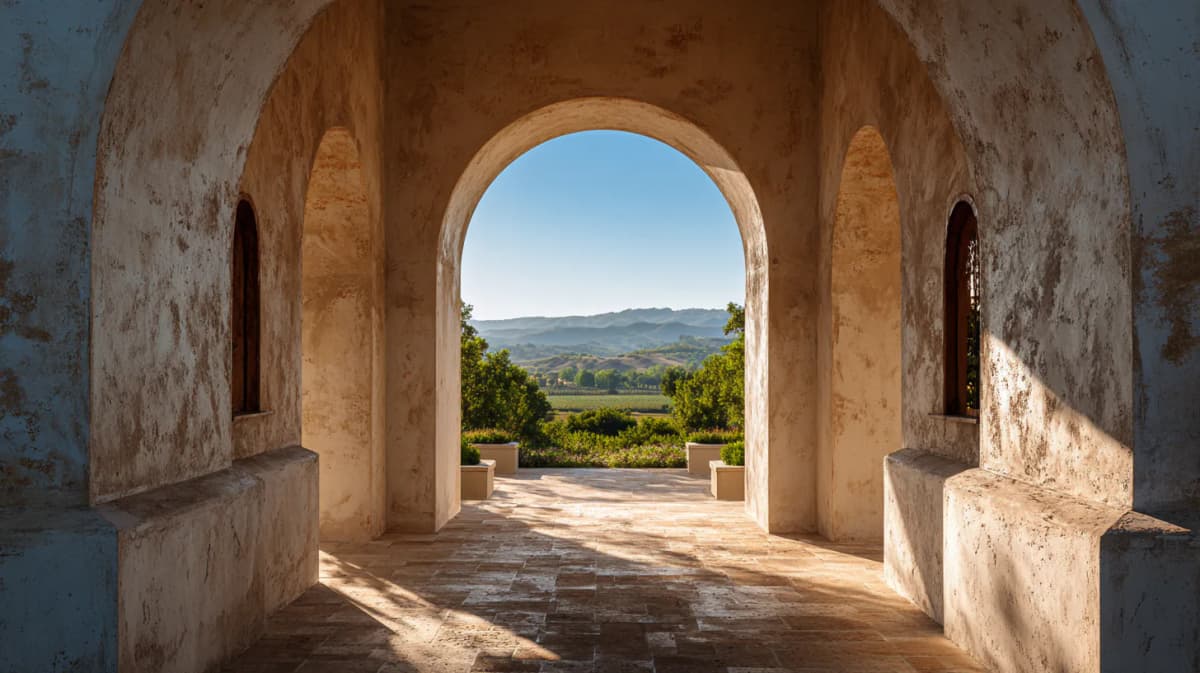 Svetao kameni luk koji vodi ka otvorenom pejzažu — simbolizuje novi početak